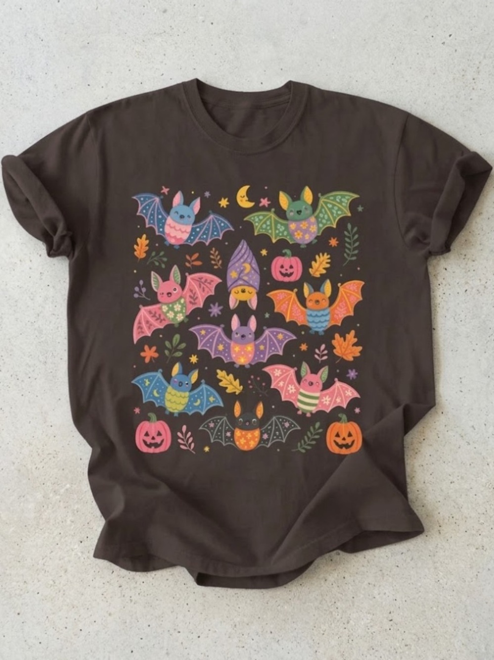 Cute Colorful Bats Pumpkin Dark Brown Gildan T-Shirt Halloween Tee